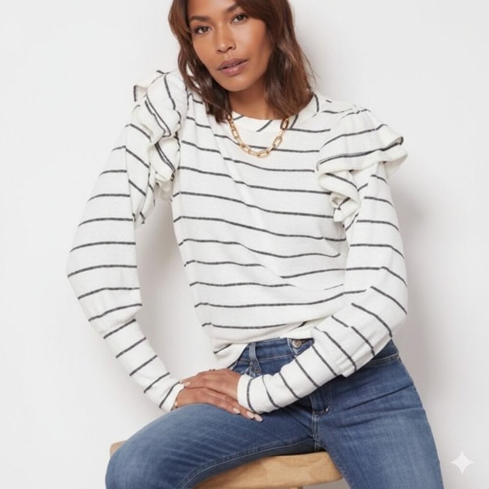 Evereve White and Black Ruffled Striped Knit Top